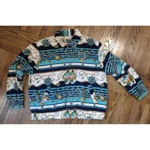 Vintage Alfred Dunner Nautical Chain Print Bomber Jacket Blue Teal Mens XL